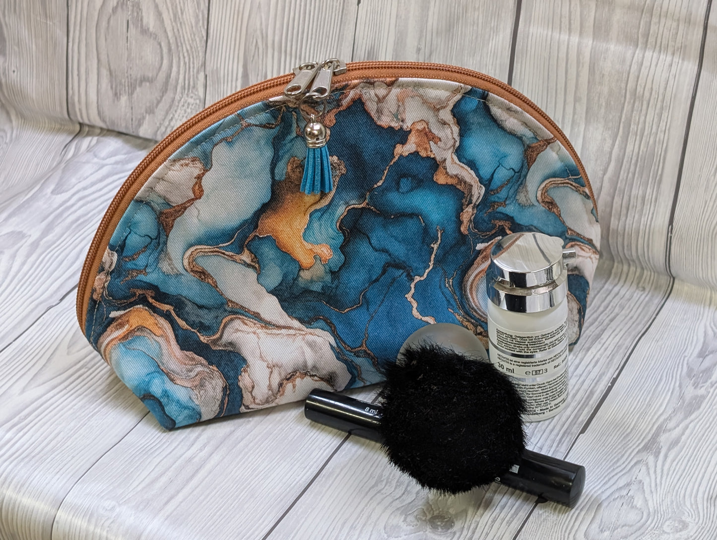 Handgemachte Kosmetiktasche "Ocean Marble" – Gabardine & wasserabweisendes Innenfutter