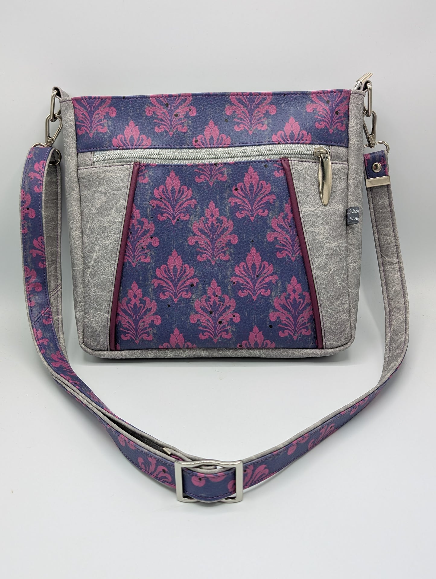 Handgefertigte Umhängetasche im Vintage-Damast-Design – Crossbody Bag mit Reißverschlussfächern & verstellbarem Gurt