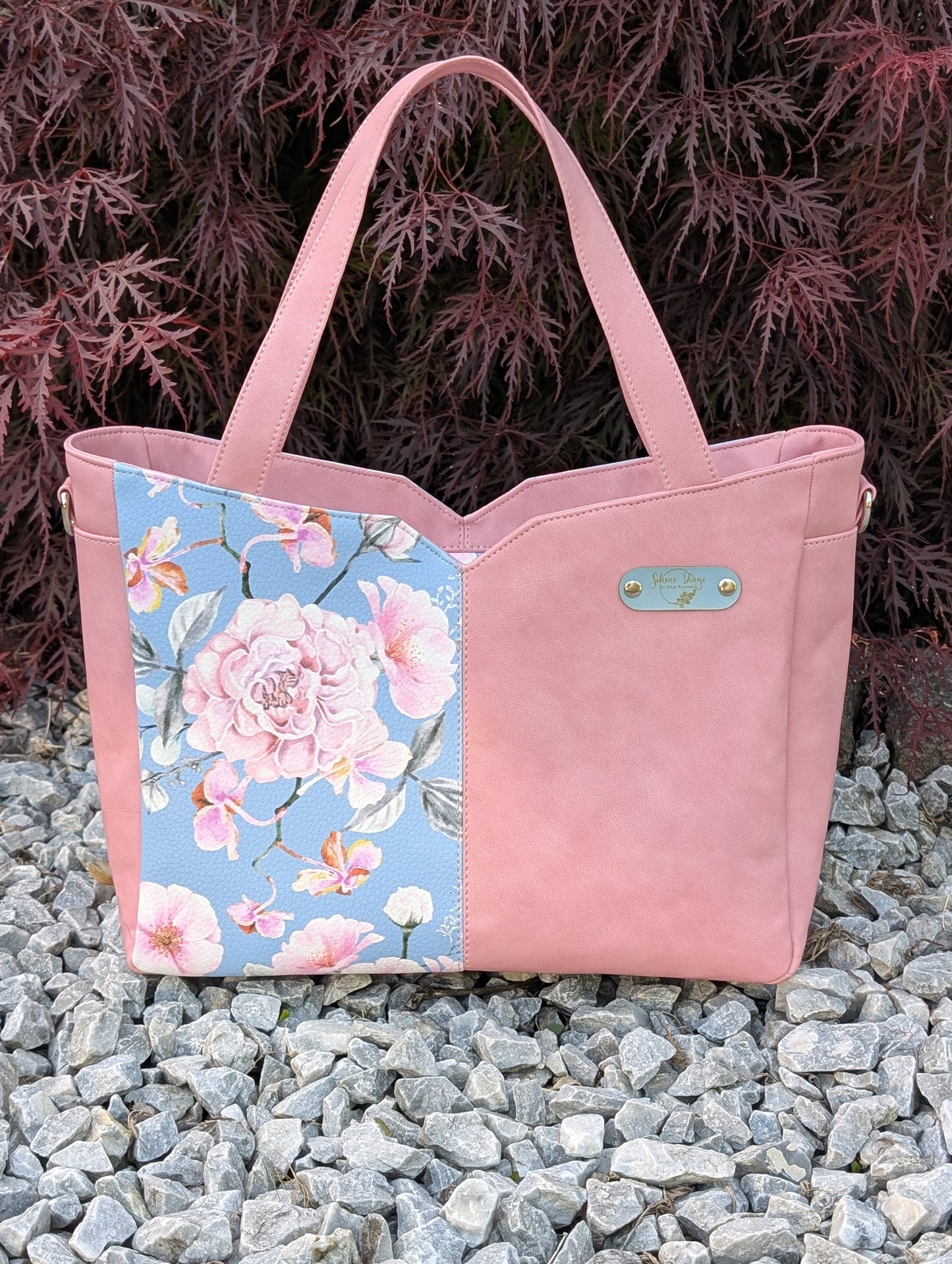 Rosa Tote Bag / Schultertasche mit Blumen-Design – Handmade Look