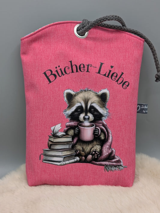 Büchertasche „Bücher-Liebe“ Waschbär aus Softshell – Buchhülle mit Kordelverschluss | Gefüttert mit Baumwolle | Handgefertigt