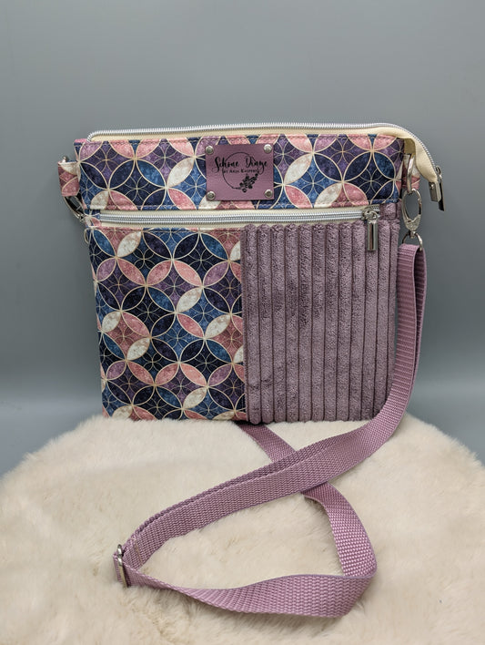 "Blütenmosaik" – Crossbody-Tasche aus Cord & Canvas in Mauve & Blau